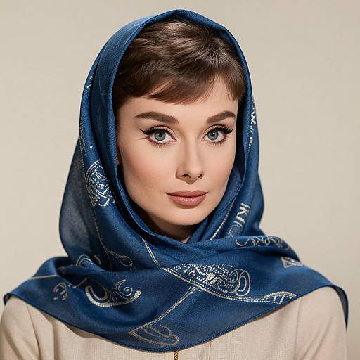 Photograph of a fair-skinned, brown-haired woman with blue eyes, wearing a blue patterned headscarf and beige top, set against a