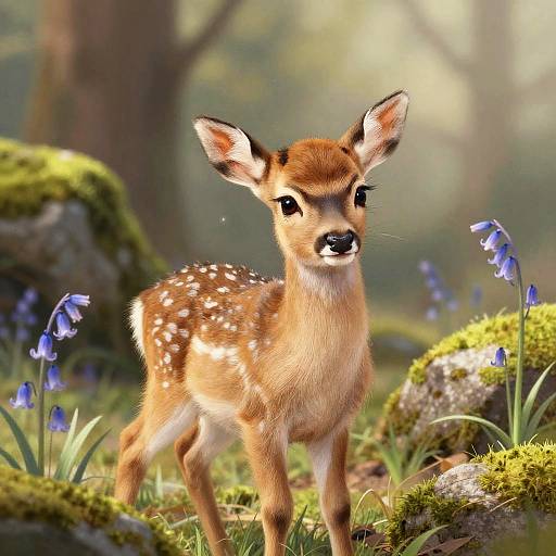 Photograph-style digital art of a cute, young deer with brown and white-spotted fur, standing in a sunlit forest, surrounded by blue bells