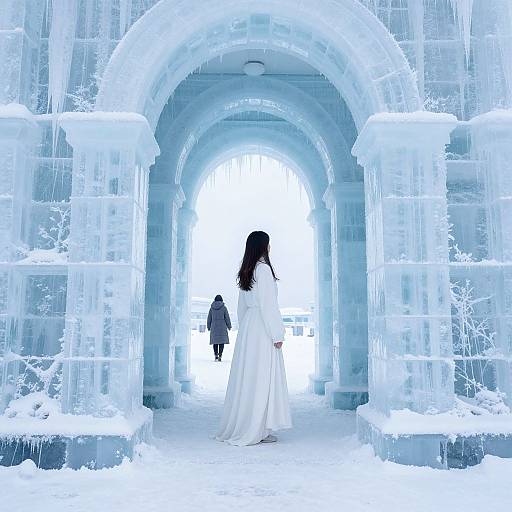 Photograph of a woman in a white gown and a child, with a small backpack, walking through a glowing, icy archway tunnel.