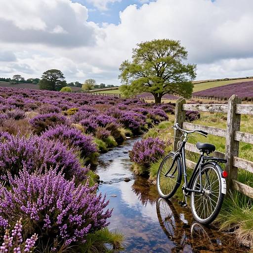 Photograph of a black bicycle leaning against a wooden fence beside a reflective stream, surrounded by vibrant purple heather and a green tree under a cloudy blue