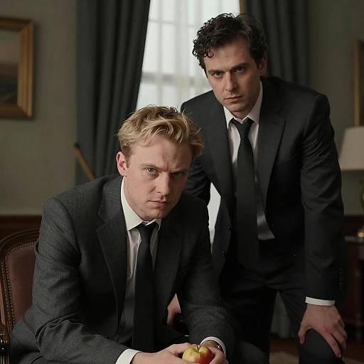 Two Men in Dark Suits in Dimly Lit Room
