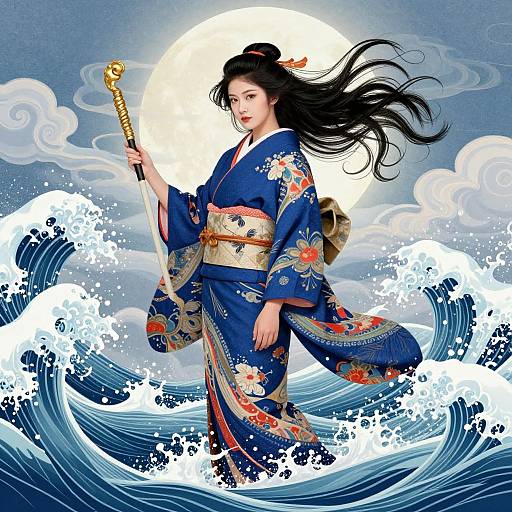Digital artwork of a Japanese woman in a blue floral kimono, holding a golden staff, standing in turbulent ocean waves, with a bright full moon in