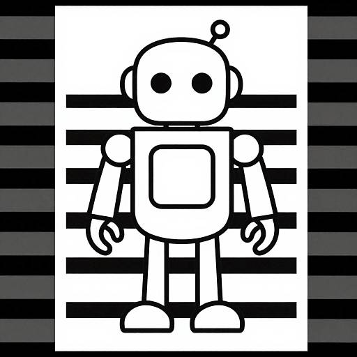 Black-and-white digital drawing of a simple, cartoon robot with round eyes and antenna, standing against a striped background.