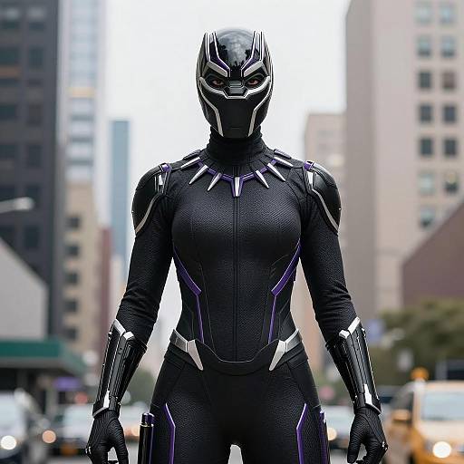 Woman in Black Panther Costume in Urban Setting