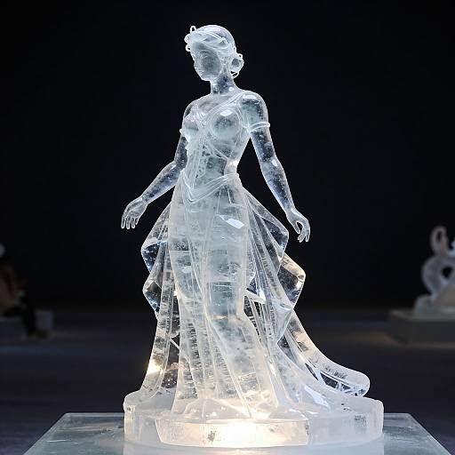 Photograph of a glowing, translucent ice sculpture of a woman in a flowing dress, illuminated from below, standing against a dark background.