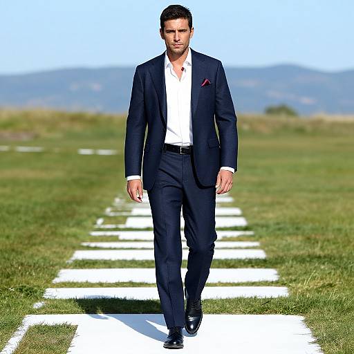 Photograph of a handsome man with short dark hair, wearing a navy suit, white shirt, and red pocket square, walking down a grassy path
