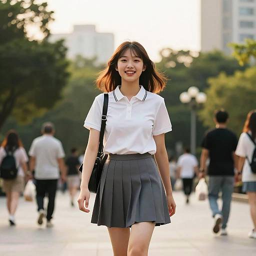 Photograph of a smiling Asian woman with shoulder-length brown hair, wearing a white polo shirt and gray pleated skirt, walking on a sunlit,