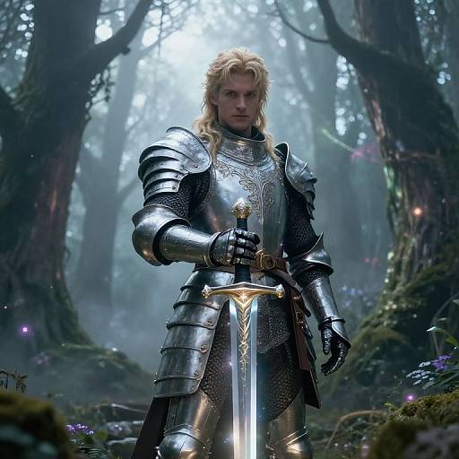 Digital artwork of a blond, serious-looking knight in shiny silver armor with intricate designs, holding a glowing sword in a misty, enchanted forest.