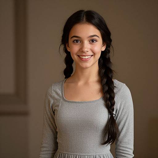 Photograph of a smiling young woman with long black hair in two braids, wearing a gray long-sleeve top, standing against a plain,