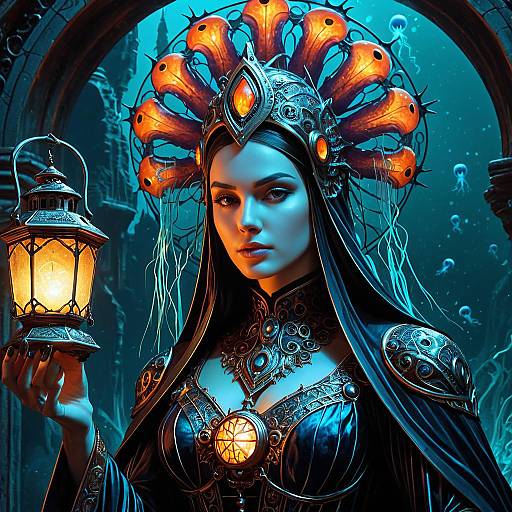 Vibrant Gothic Sorceress with Lantern