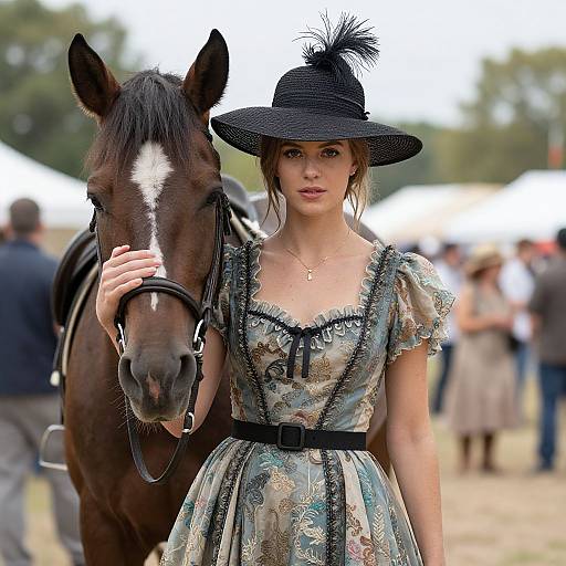 Photograph of a young woman in vintage lace dress and black hat, holding a brown horse's bridle at an outdoor event.