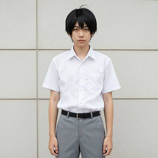 Photograph of an Asian teenage boy with black hair, wearing a white short-sleeve shirt and gray pants, standing against a white paneled wall