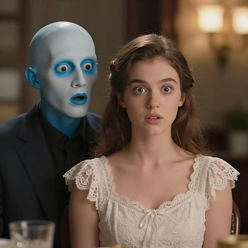 Surprised Young Woman and Headless Blue Man