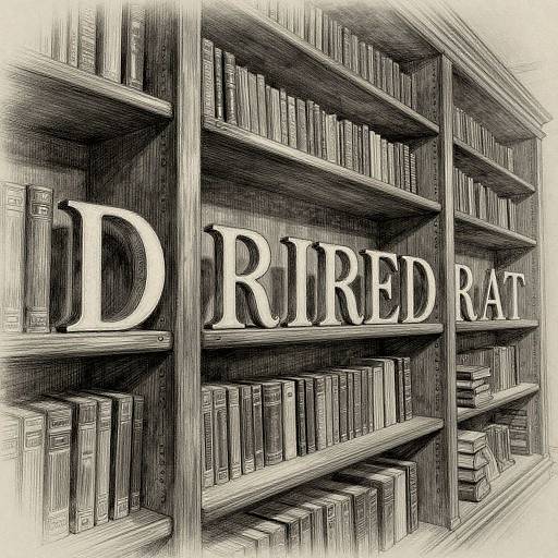 Monochromatic digital drawing of a wooden bookshelf filled with books, prominently displaying large, bold, white letters 