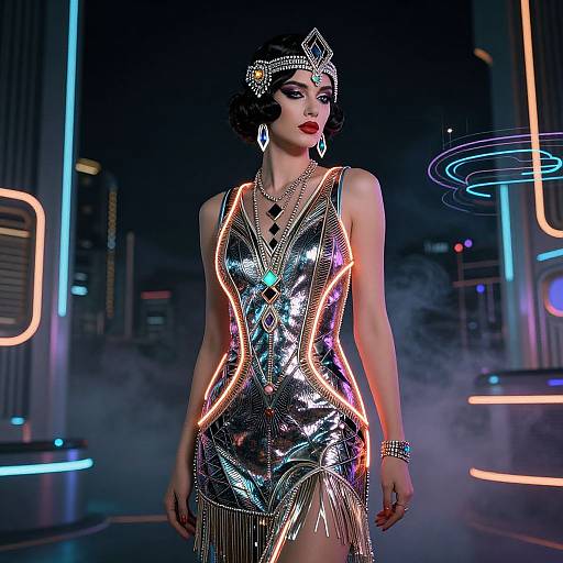 Photograph of a glamorous woman in a silver, neon-lit, flapper dress with fringe, wearing a headpiece and jewelry, standing in a
