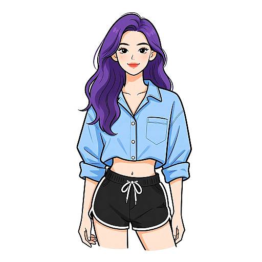 Digital anime-style drawing of a smiling woman with long purple hair, wearing a light blue button-up shirt and black shorts with white trim.