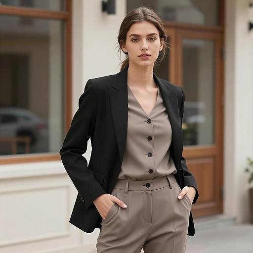Confident Woman in Black Blazer and Brown Suit