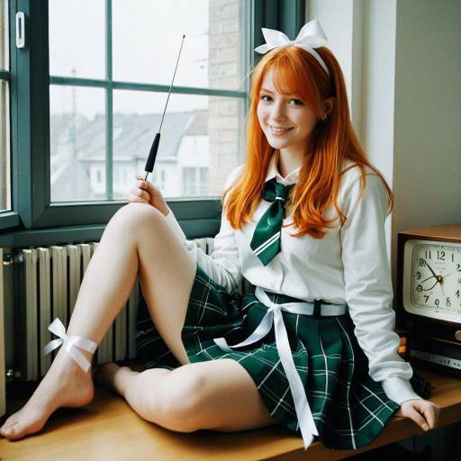 Young Woman in Schoolgirl Outfit by Window