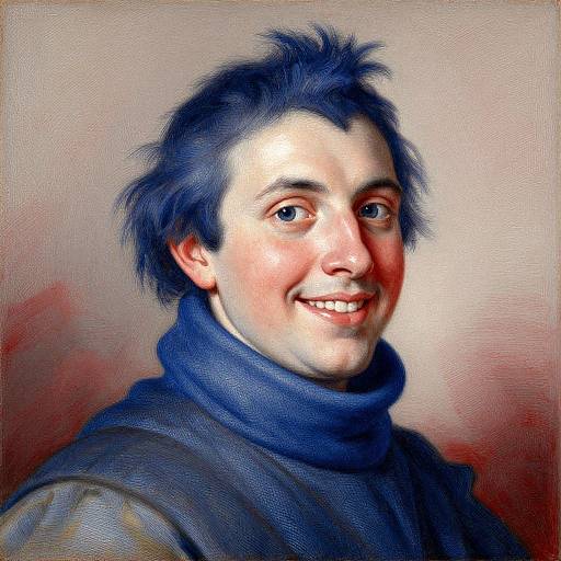 Digital portrait of a young man with tousled blue hair, fair skin, and a friendly smile, wearing a dark blue turtleneck against a textured