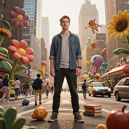 Photograph of a man in a denim jacket and grey shirt standing in a whimsical, sunlit city street filled with oversized colorful flowers and balloons.