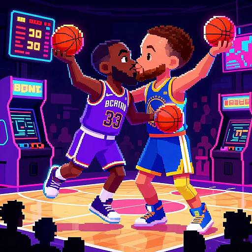 Pixel art of intense basketball game: Black player in purple jersey (23) and white-bearded player in yellow-blue jersey (dribbling) face