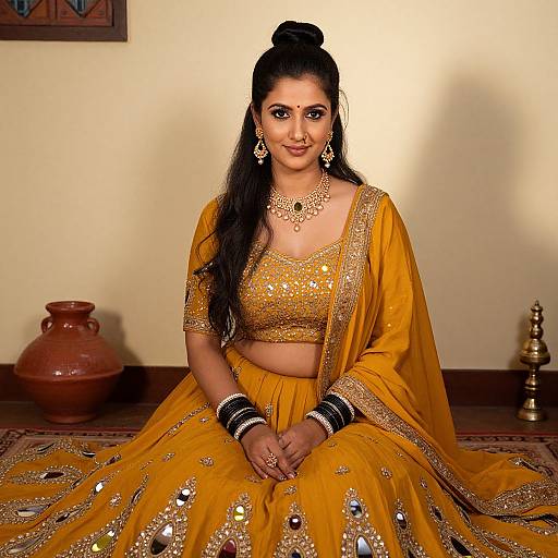 Photograph of a beautiful South Asian woman with long black hair in a bun, wearing a gold embellished yellow lehenga and choli, seated indoors