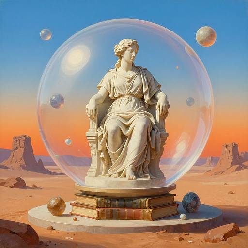 Photorealistic digital artwork: Classical statue of seated woman in flowing drapery, encased in a transparent bubble, surrounded by books and orbs,