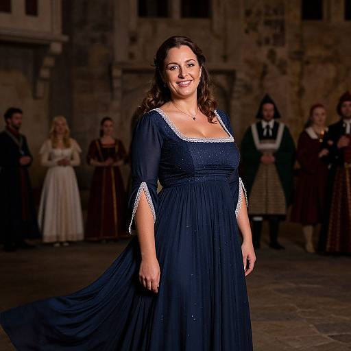 Photograph of a smiling woman in a navy blue, lace-trimmed dress, standing in a dimly lit medieval-style stone hall with several people