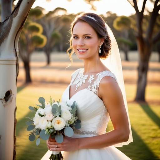 Smiling Bride Holding Bouquet Outdoors