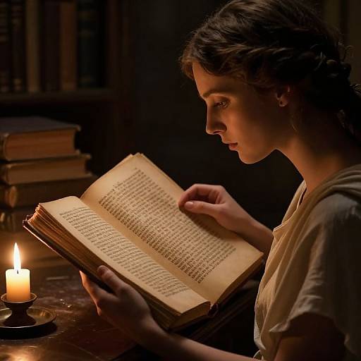Photograph of a young woman with short brown hair, reading an old book in dim candlelight, surrounded by stacked books.