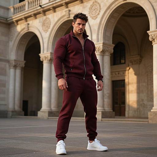Photograph of a muscular, dark-haired man in a maroon zip-up tracksuit and white sneakers, standing confidently in front of an ornate,