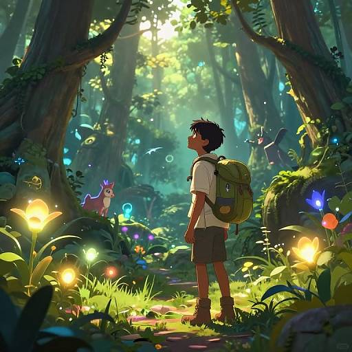 Anime-style digital illustration of a young boy with a backpack, standing in a magical forest, surrounded by glowing flowers and a glowing cat. Sunlight filters