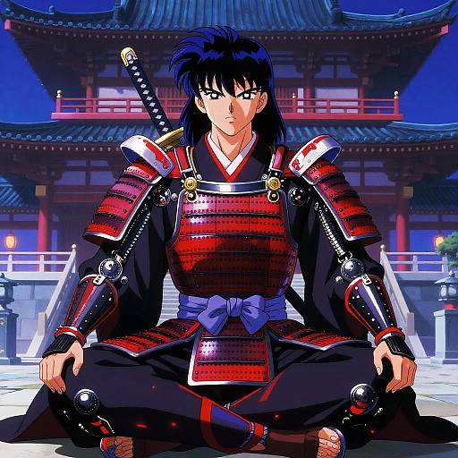 Colorful anime-style drawing of a serious samurai woman in red and black armor, seated cross-legged, with a sword on her back, in front