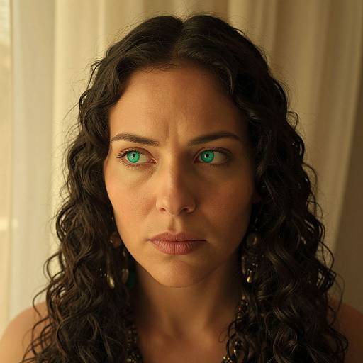 Close-up photograph of a serious, middle-aged woman with curly black hair, green eyes, and fair skin, against a softly lit beige curtain background.
