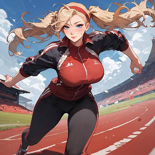 Blonde Girl Running in Red Track Suit