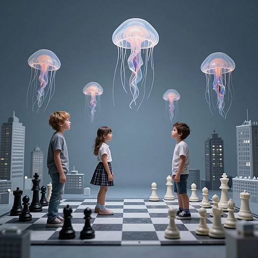 Photograph of three children standing on a chessboard, facing each other, with glowing jellyfish above a cityscape backdrop.