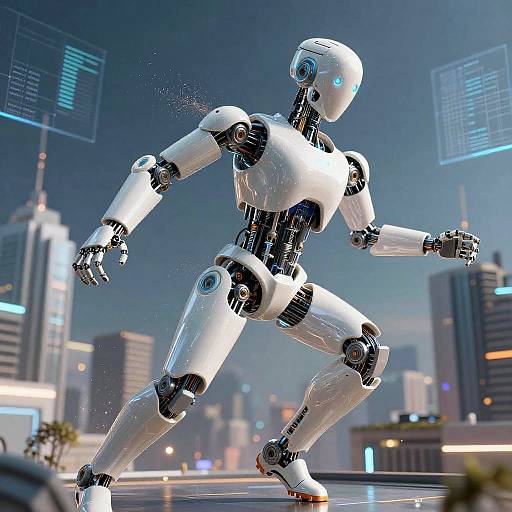 CGI image of a white, humanoid robot running in a futuristic cityscape at night, with glowing digital screens and illuminated skyscrapers in the background