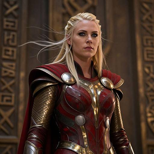 Photograph of a blonde woman in elaborate, metallic red and gold armor with a red cape, standing before ornate, patterned wooden doors.