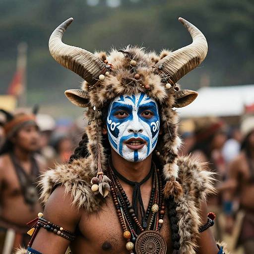 Photograph of a man with blue face paint, horned fur headgear, and tribal jewelry, standing amidst a blurred crowd at an outdoor festival.