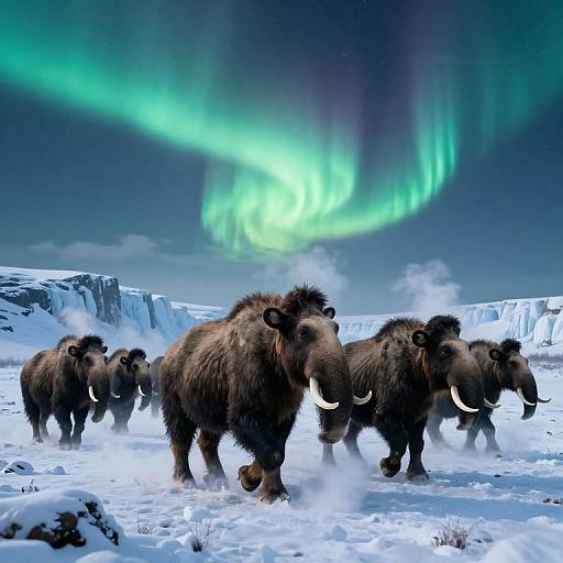 Photograph of five woolly mammoths standing in snowy Arctic landscape under vibrant green Northern Lights, with icy cliffs in background.