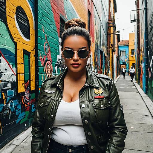 Woman in Leather Jacket with Sunglasses in Urban Alley