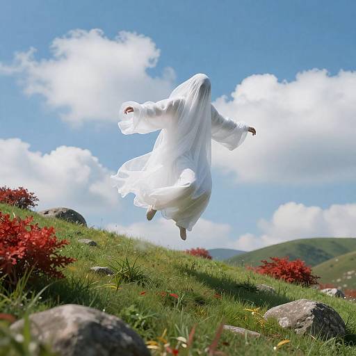 Ethereal Ghost Leaping Over Colorful Hillside