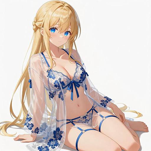 Anime Girl in Blue Floral Lingerie and Sheer Robe