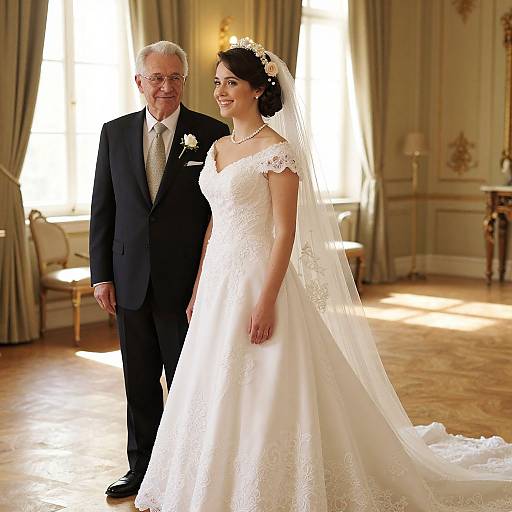 Photograph of an elderly white man in a black suit and a young white bride in a white lace wedding dress with veil, standing in a sunlit