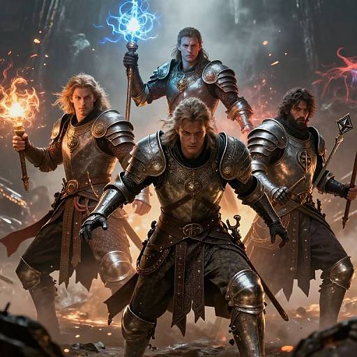 Digital CGI fantasy battle scene: Four armored warriors with fiery and magical weapons, intense expressions, surrounded by flames and smoke.