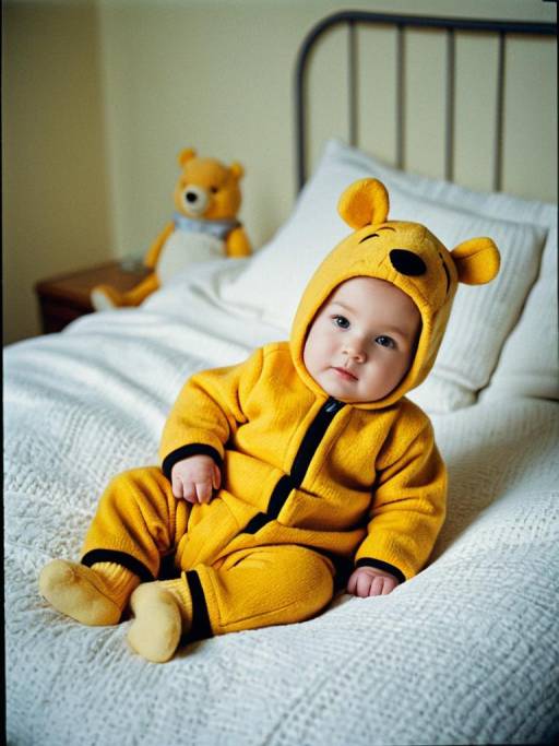 Baby in Pooh Bear Costume on Bed