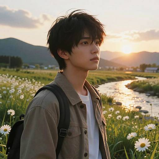 Young Man at River Sunset with Daisies