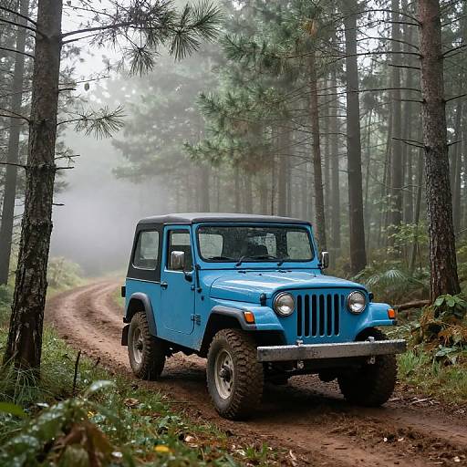 Pastel Blue Jeep in Misty Forest