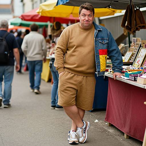 Photograph of a plus-sized man with short brown hair, wearing a tan sweater and shorts, denim jacket, and white sneakers, leaning against a market