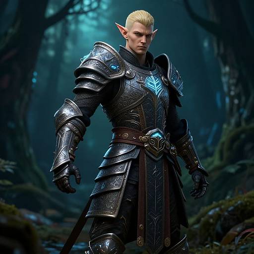 Digital CGI of a muscular, blonde elf warrior with pointed ears in detailed, glowing blue and black medieval armor, standing in a dark, mystical forest.